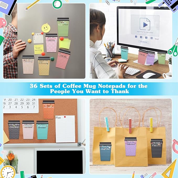 36 Set Employee Appreciation Gifts Bulk Team - 36Pack Coffee Cup Notepad+36 Ballpoint Pens+ 36 Drawstring Gift Bags, Bulk Gifts for Coworkers/Staffs/Teachers/Christmas