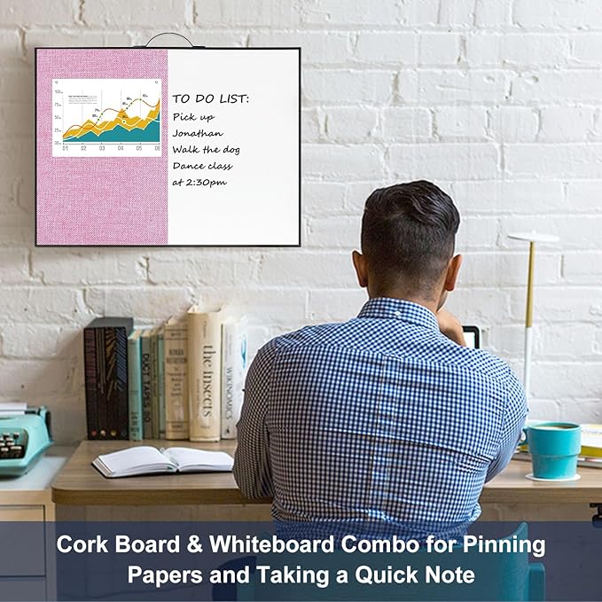 Small White Board Cork-Board Combo - 16 X 12 inches Pink Linen Board & Magnetic Dry Erase Board for Wall, Mini Bulletin Cork Board with Holder for Office, Home and School