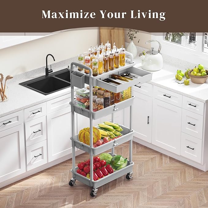 4 Tier Rolling Utility Cart with Drawer, Utility Storage Organizer with Plastic Shelf & Lockable Wheels Multifunctional Storage Cart for Kitchen, Bathroom, Office, Living Room, Gray