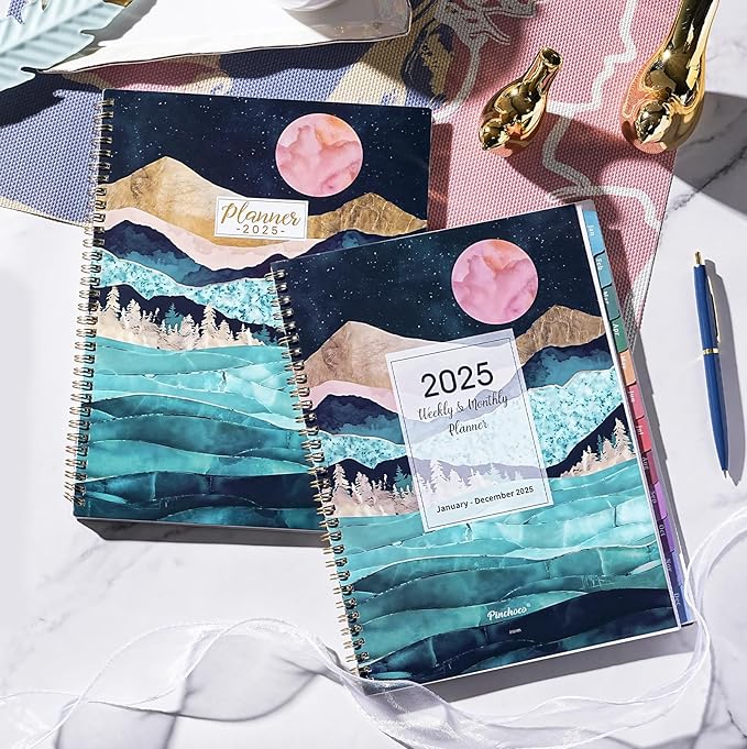 2025 Planner - 9" x 11" Planner Weekly and Monthly 2025, Jan 2025 - Dec 2025,12 Monthly Colorful Tabs, Elastic Closure, Back Pocket - Green Marble