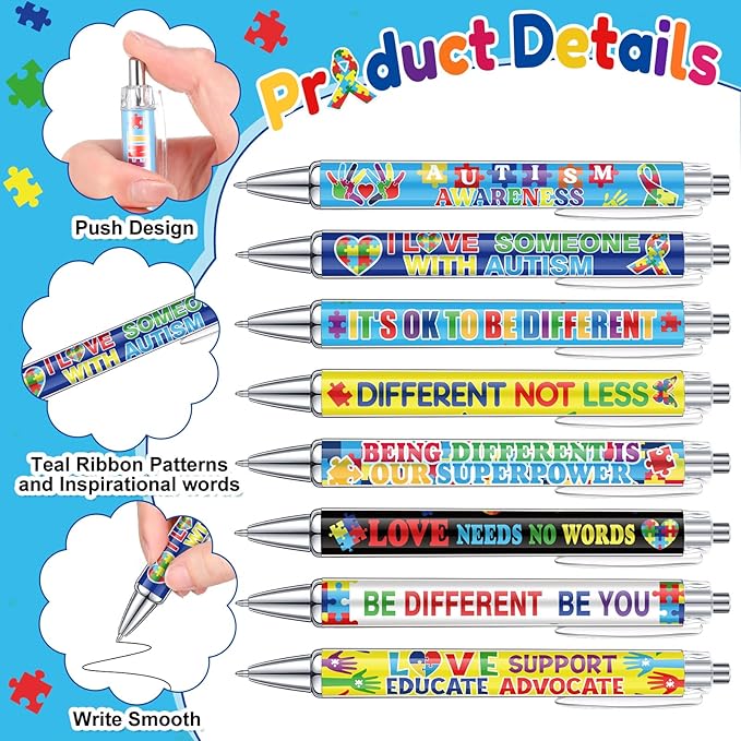 48 Pcs Autism Awareness Pens Mental Health Awareness Ballpoint Pens Bulk Colorful Puzzle Pieces Pens Motivational Gifts for Classroom Office Stationery Favors Supplies