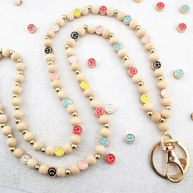 Smile Teacher Lanyard for Women ID Badges and Keychain Cute Happy Wood and Metal Beaded Lanyard Badge Holder