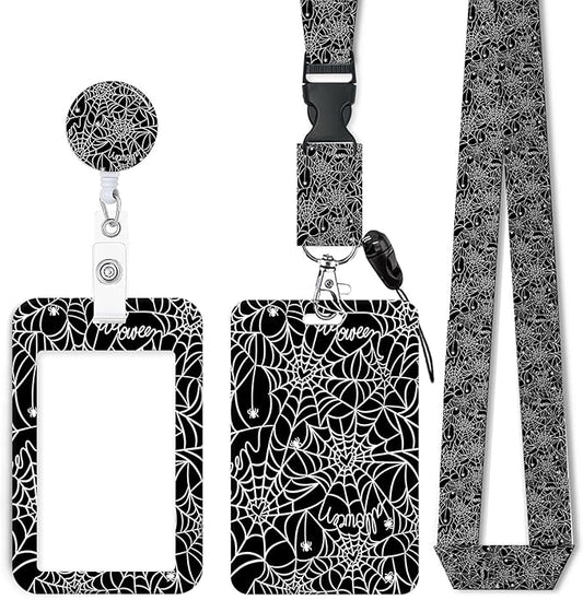 ID Badge Holder with Retractable Lanyard and Keychain, Badge Reel with Rotate Carabiner Clip,Spider Web Card Name Tag Lanyard ID Protector Bage Clips for Student, Women, Office