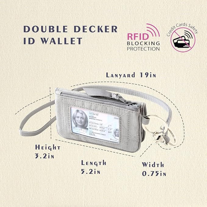 WONDERFUL FLOWER Card Holder, RFID Blocking, ID Holder with Lanyard for Men and Women, Dual Pockets, Badge Holder, Lanyard Wallet, Fabric Keychain ID Pouch, Gray