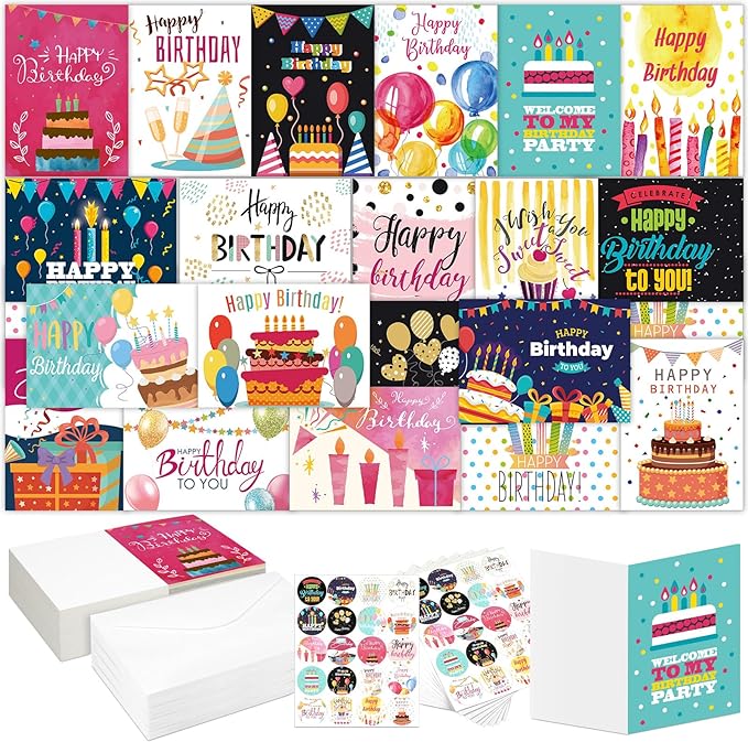 200 Set Unique Happy Birthday Card Bulk with Envelope and Sticker Blank Greeting Card Large 5 x 7 Inch Suitable for Office Kids Women Men, 20 Styles(Lovely Style)