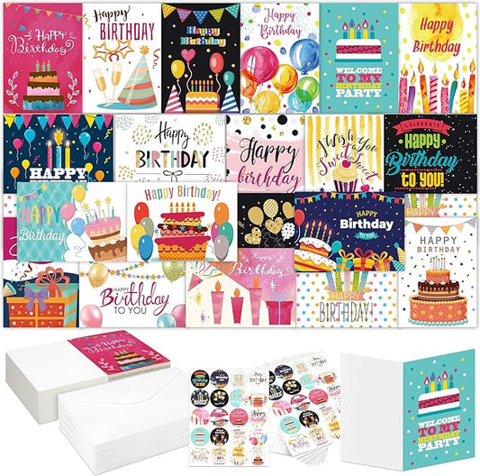 200 Set Unique Happy Birthday Card Bulk with Envelope and Sticker Blank Greeting Card Large 5 x 7 Inch Suitable for Office Kids Women Men, 20 Styles(Lovely Style)