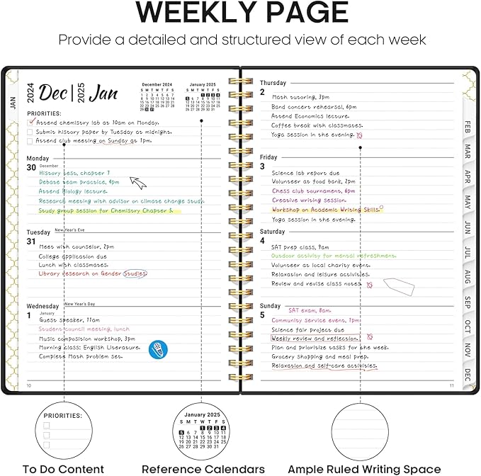 2025 Planner - Weekly and Monthly Planner Spiral Bound, January 2025 - December 2025, Hardcover 2025 Calendar Planner Book with Tabs, Inner Pocket, Perfect for Office Home School Supplies - A4 (8.5" x 11"), Black