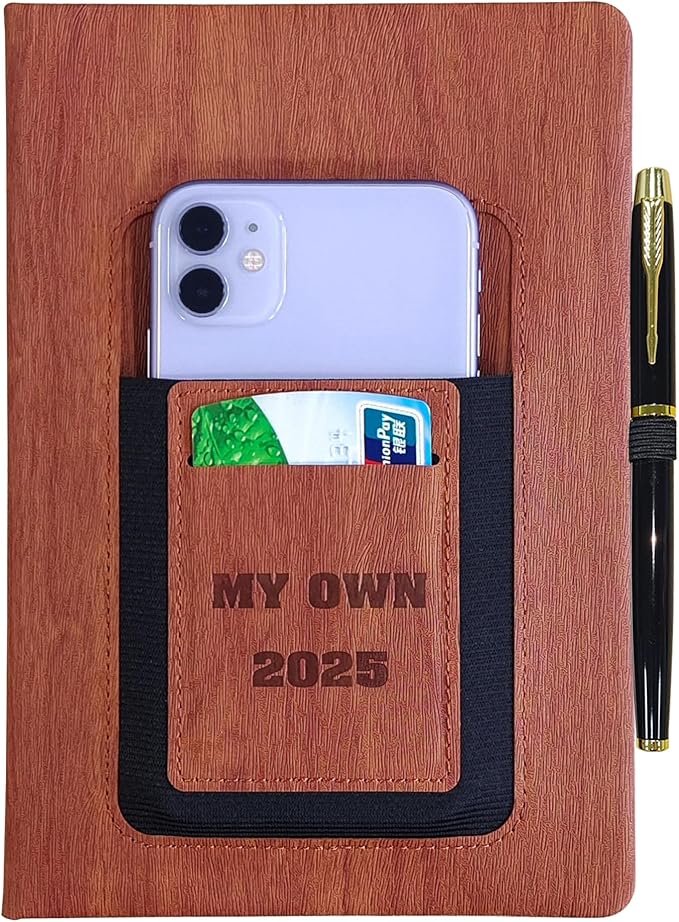 2025 Weekly and Monthly Planner with Pen: Jan 2025-Dec 2025, A5 size 8.5" x 5.75", Hard Cover Agenda Planner with Phone Holder, Card Holder and Pen Holder (Tan)