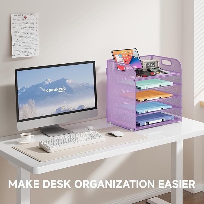 5 Tier Paper Organizer with Handle, Metal Mesh Desk Organizer File Folder Organizer Paper Letter Tray Desktop Document Sorter for Classroom, School, Office Organization and Storage - Purple