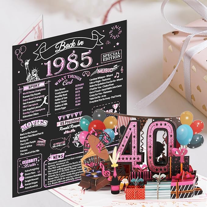 40th Birthday Card for Women Her, Jumbo 3D Pop Up 40th Birthday Gifts, Back In 1985 Happy 40 Year Old Sister Birthday Decorations Cards Card for Wife, Rose Gold