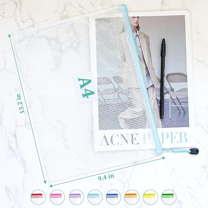 24pcs Mesh Bags With Zipper, A4 Zippered Pouch, Clear Pouches With Zipper, 8 Colors Mesh Zip Bags, Plastic Bags With Zipper, Letter Size Organization Pouches for Office, File, Toys, School