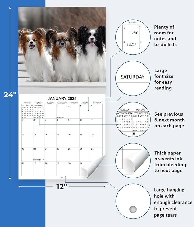 2025 Papillons Monthly Wall Calendar | 12" x 24" | Thick Sturdy Paper | Dog Calendar 2024-2025