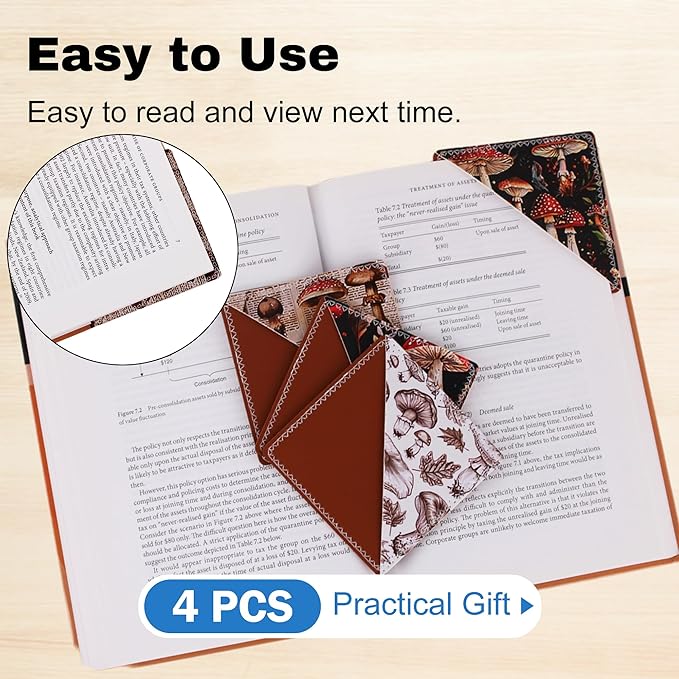 4 Pieces Leather Bookmarks, Cute Book Accessories for Reading Lovers, Page Markers for Women Men Kids Students Teachers Retirement Birthday Gift (Mushroom)