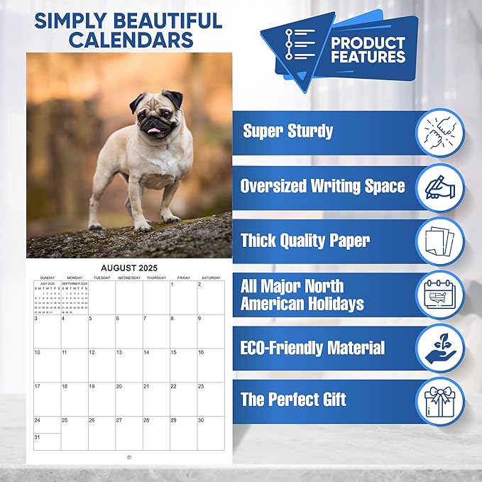 2025 Pugs Monthly Wall Calendar | 12" x 24" | Thick Sturdy Paper | Dog Calendar 2024-2025 (Pugs)