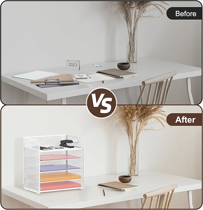 2 Pack 5-Tier White Desk Organizer with Handle Mesh Desk File/Paper Organizer Letter Tray for Office, School and Home Easy Installation