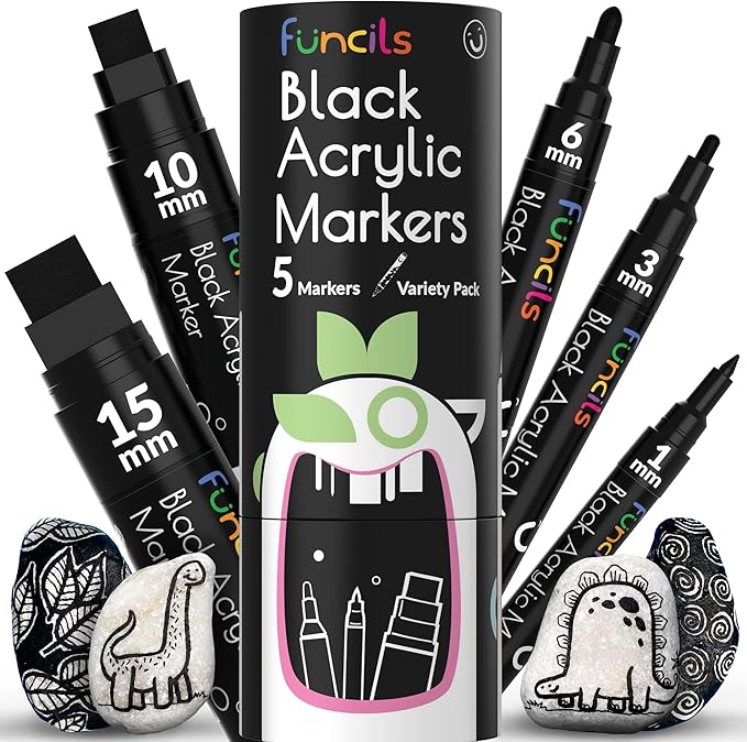 5 Acrylic Black Paint Pen - Fine Tip, Thin Point & Jumbo Pens (1mm, 3mm, 6mm, 10mm, 15mm) - Black Paint Marker for Plastic, Canvas, Wood, Rock Painting, Fabric, Tire, Metal, Glass