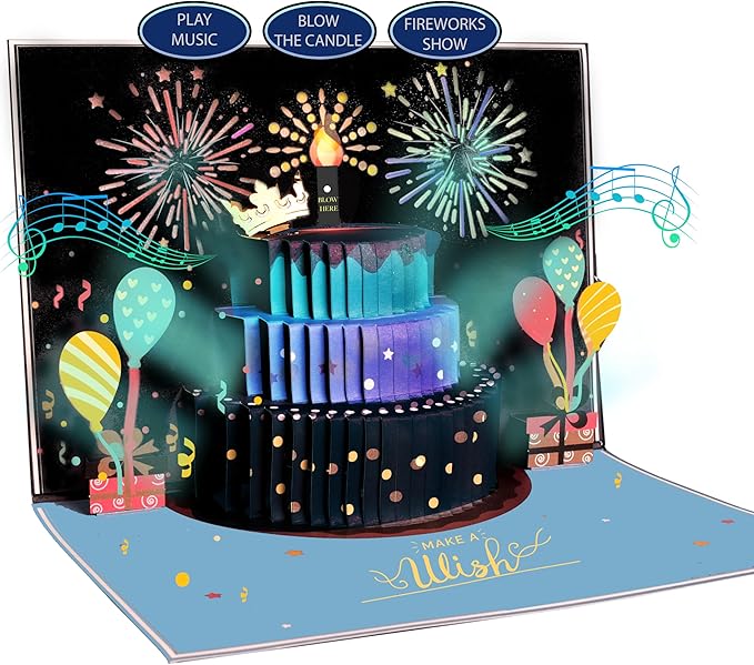 3D Pop Up Happy Birthday Cards for Men – LED Fireworks & Music with Blow The Candle, Gold Crown, 3D Balloons, Blue Design - Happy Birthday Card for Him - Dad, Husband, Boys & Son (8.27" x 5.27")