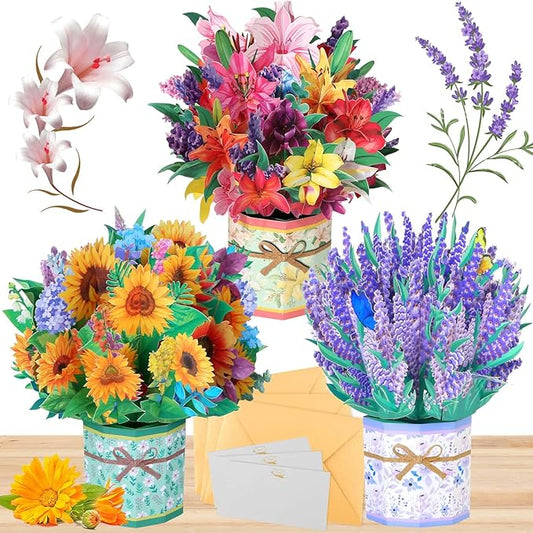3 Pack Paper Flower Pop Up Cards, Flower Bouquet Card Popup 3D Greeting Cards for Mother's Day, Graduation, Anniversary, Birthday, Congratulations, Get Well, Home Decor, with Envelope