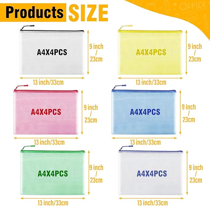12pcs Large A4 Mesh Zipper Pouch File Bags YOPCDJ Reusable Zippered Pouches for Organizing Classroom, Board Game Storage, Puzzle Bags