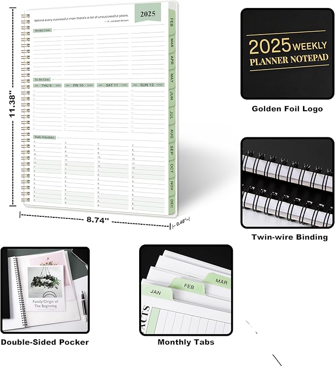 2025 Planner - Weekly & Monthly Planner Notepad 2025, 11.38'' x 8.74'', JAN 2025 - DEC 2025, Appointment Book, 60 Minutes Intervals, Monthly Tabs, Sturdy Cover, Spiral Bound, Back Pockets - Black