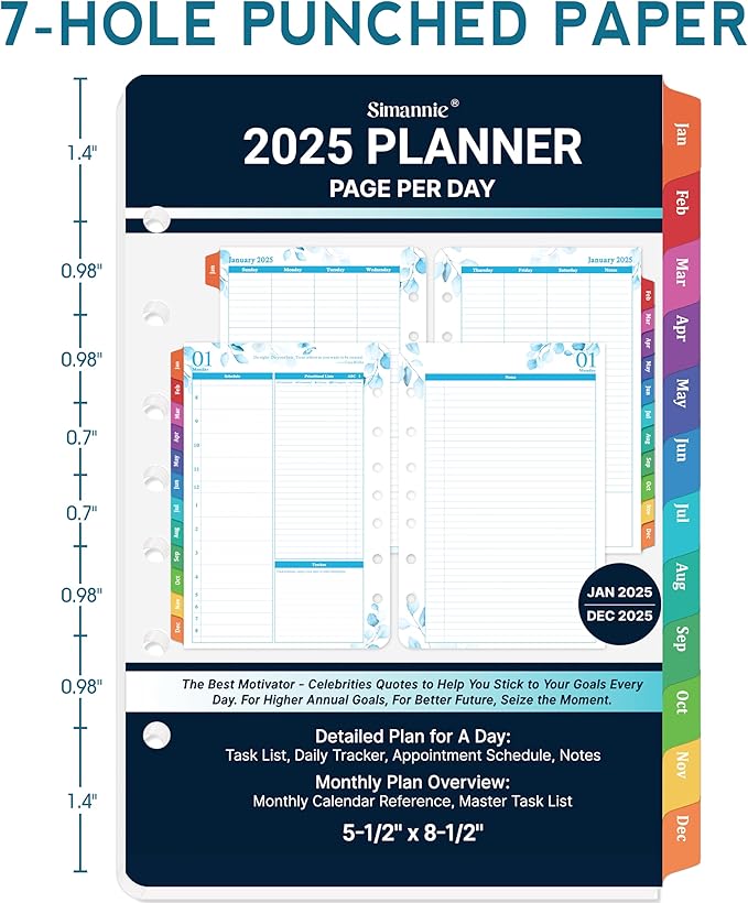 2025 Planner Refills - JAN - DEC 2025 Planner, Two Pages Per Day Daily ＆ Monthly Planner, 5.5" x 8.4", Ring-Bound Organizer, Daily Tracker & Schedule, Colorful Tabs