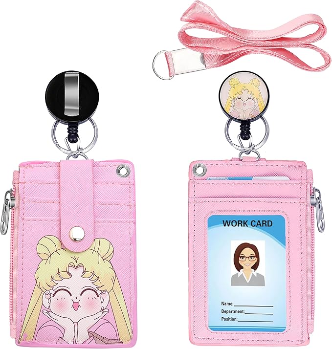 Cute ID Badge Holder Retractable Lanyard Reel Clip with Heavy Duty Carabiner,5 Card Slots in 2 Sided with Key Ring and Zipper for Students Teens Boys Girls Office Staff Women (Lovely Girl)