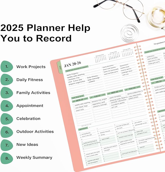 2025 Planner - Weekly & Monthly Planner Notepad 2025, 11.38'' x 8.74'', JAN. 2025 - DEC. 2025, Appointment Book, 60 Minutes Intervals, Monthly Tabs, Sturdy Cover, Spiral Bound, Back Pockets - Rose Golden