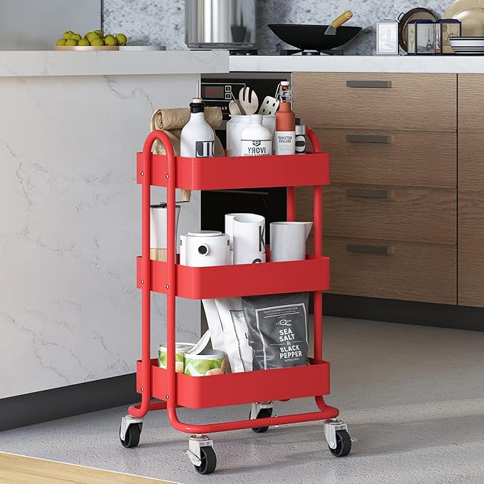3-Tier Red Utility Rolling Cart,Kitchen Storage Carts with Wheels,Red Metal Rolling Cart for Office,Home,Kitchen,Garden（13.4"x18.1"x31"） Red
