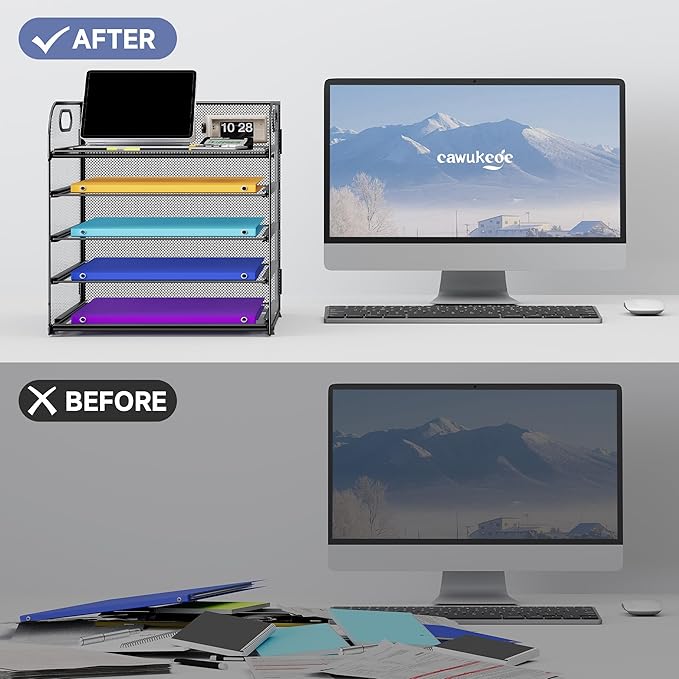 5 Tier Paper Organizer with Handle, Metal Mesh Desk Organizer File Folder Organizer Paper Letter Tray Desktop Document Sorter for Classroom, School, Office Organization and Storage - Black