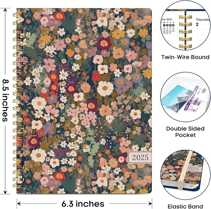 2025 Planner, Weekly and Monthly Planner, 12 Month (Jan 2025 - Dec 2025), Hardcover 2025 Calendar Planner Book with Monthly Tabs, Inner Pocket, Spiral Bound, Perfect for Office Home School Supplies - A5 (6.3" x 8.5"), Petals