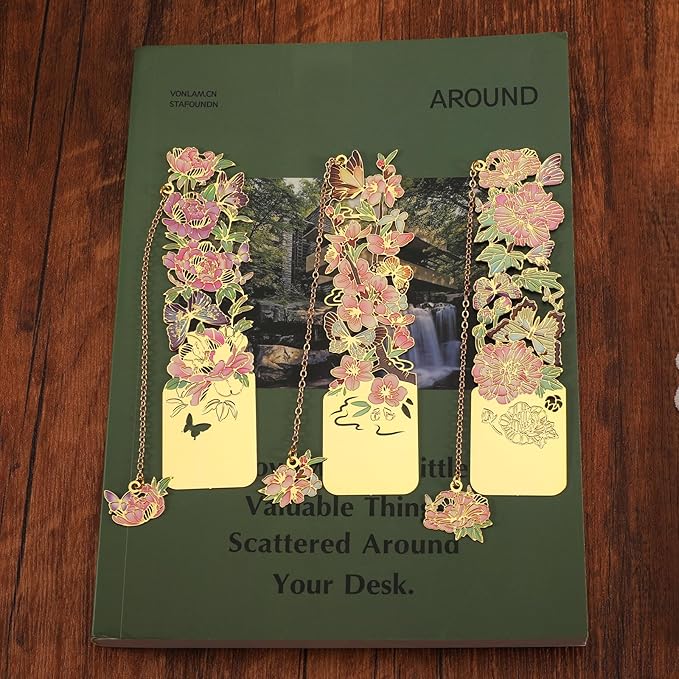 3 PCS Metal Bookmarks, Bookmarks for Reading Women, Pretty Bookmarks for Women, Beautiful Metal Bookmark, Beautiful Flower Bookmark, Peach Blossom, Cottonrose Hibiscus, Peony (BKM-050-001)