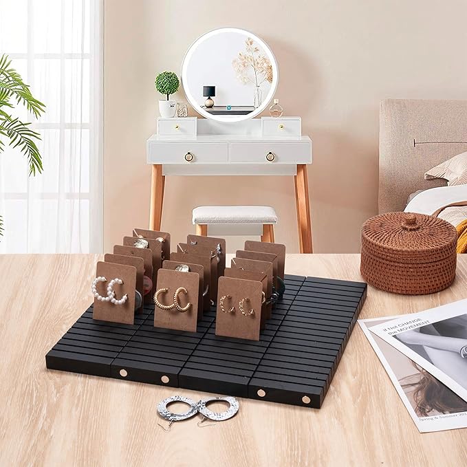 WILLOWDALE 4Pcs 12" Wood Name Badge Holder Organizer, Black Counter Card Holder Stand for Name Tag ID Badge Plastic Card Holder, Detachable Business Card Holder Display Tray for Desk Office Reception