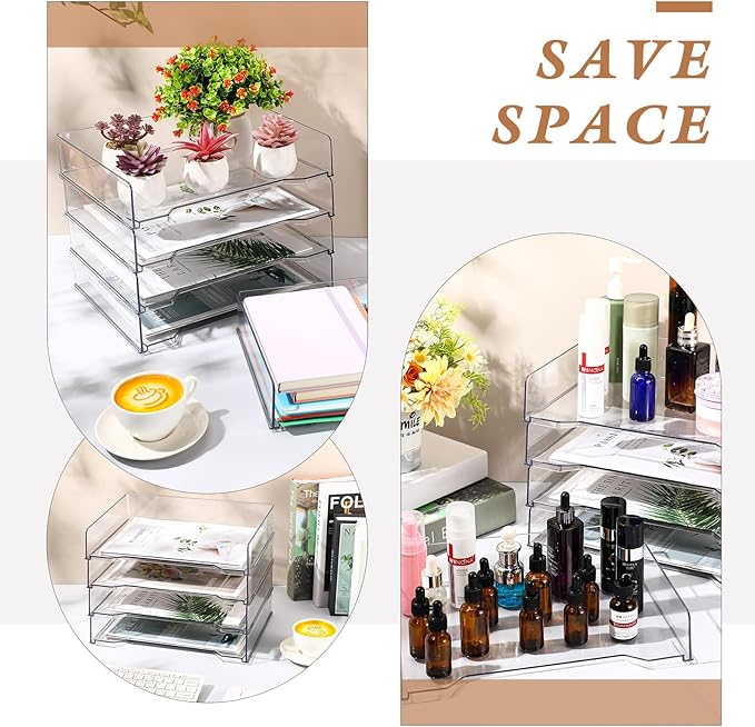12 Pcs Stackable Letter Tray Rectangular Plastic Desk Organizer 13 x 9.5 x 2.6 in Paper Holder File Tray Accessories Rack for Desktop Office Desk Drawers (Clear)