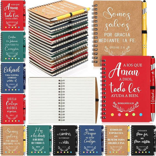 30 Sets Spanish Christian Gifts Bulk Religious Notebooks with Bible Verse Pens,inspirational Spiral Prayer Journal and Pen Set Church Gifts for Women Men Sunday Church Party Favors (Colorful)