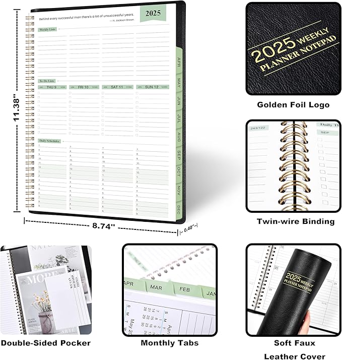 2025 Planner - Weekly & Monthly Planner Notepad 2025, 11.38'' x 8.74'', JAN. 2025 - DEC. 2025, Appointment Book, 60 Minutes Intervals, Tabs, Faux Leather Cover, Spiral Bound, Back Pocket - Black
