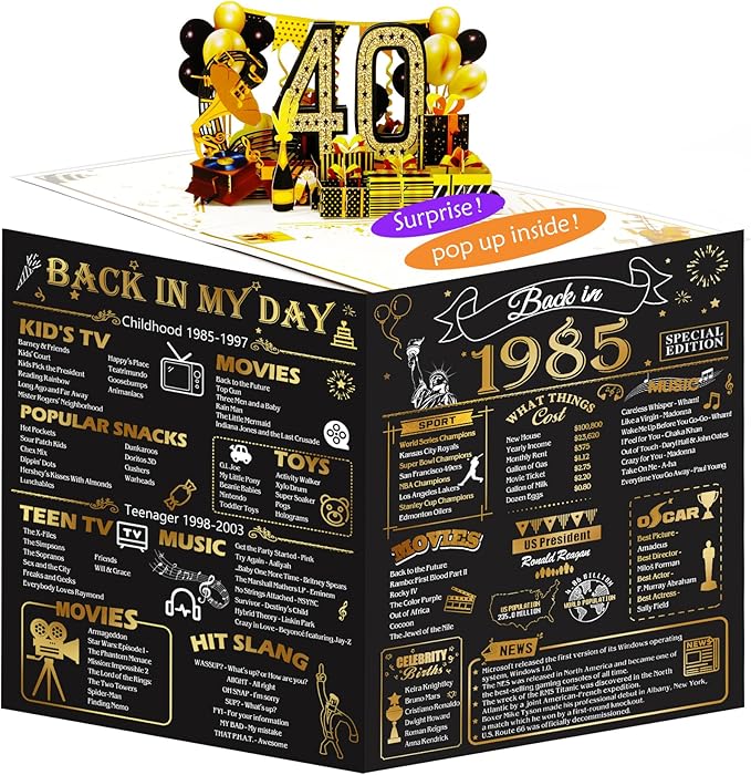 40th Birthday Card for Men Women, 3D Pop Up 40th Birthday Gifts Cards for Him Her, Back In 1985 Funny 40 Year Old Birthday Decorations