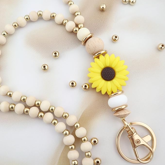 Wooden Teacher Lanyards for Id Badge Cute Flower Wood and Gold Beaded Lanyards for Women for Nurse Badge