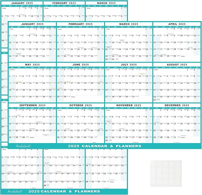 24" x 36" 2025 Wall Calendar, Folded Wet & Dry Erase Wall Calendar 12 Month, Annual Yearly Planner Yearly Laminated Calendar 2025 Horizontal/Vertical, with Julian Dates