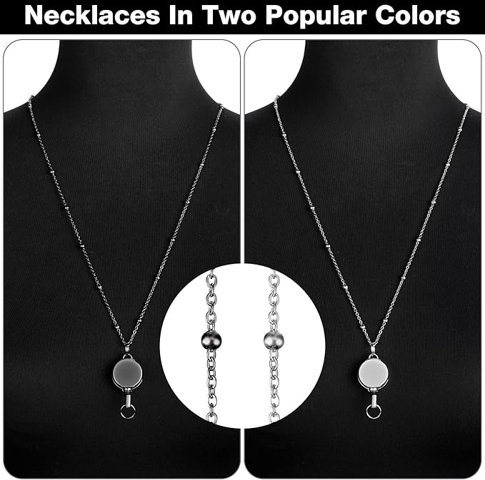 Outus 2 Pieces Badge Lanyard with ID Holders Stainless Steel Badge Holders Necklace Retractable Reel Clip Chain Water Resistant Name(Gray, Silver)