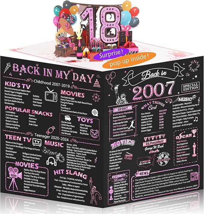 18th Birthday Card for Girls Her, Jumbo 3D Pop Up Sweet 18th Birthday Gifts Cards, Back In 2007 Happy 18 Year Old Birthday Decorations Cards Card for Daughter Granddaughter, Rose Gold