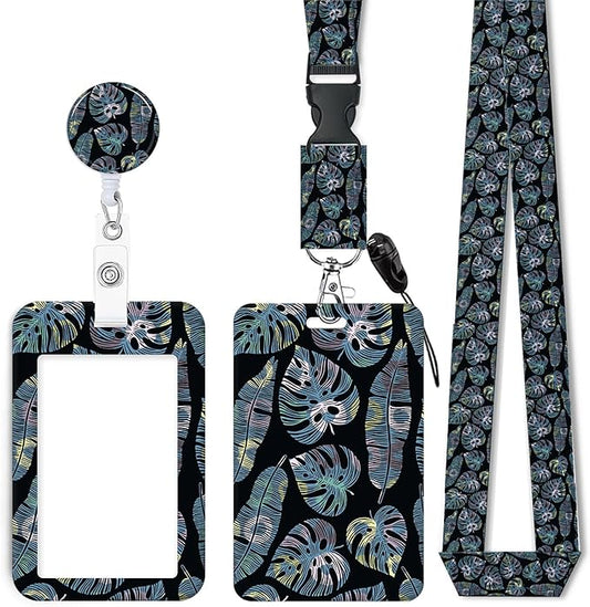 ID Badge Holder with Retractable Lanyard and Keychain, Badge Reel with Rotate Carabiner Clip,Yellow Blue Leaves Card Name Tag Lanyard ID Protector Bage Clips for Student, Women, Office