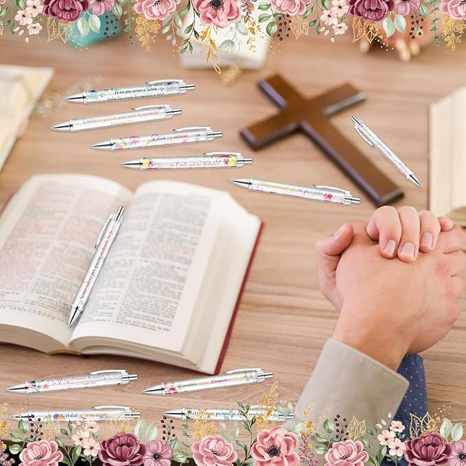 24 Pcs Spanish Christian Pens Regalos Cristianos En Español Bible Verse Ballpoint Pens with Inspirational Quote Spanish Christian Gifts for Religious Church Office School(Flower)