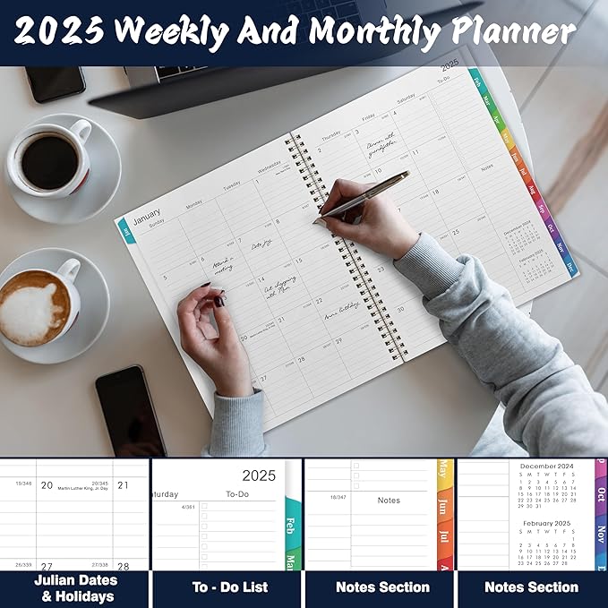2025 Planner - 2025 Planner Weekly and Monthly, 2025 Weekly Planner 8.5 x 11, 12 Monthly Calendar Planner with Colorful Tabs, Inner Pocket and Floral Cover