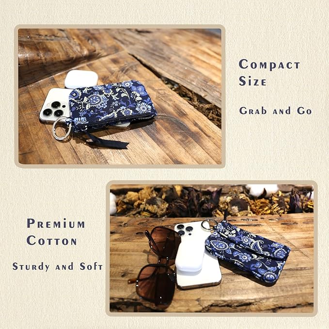 WONDERFUL FLOWER Card Holder, RFID Blocking, ID Holder with Lanyard for Women, Dual Pockets, Badge Holder, Lanyard Wallet, Fabric Keychain ID Pouch, Blue Paisley