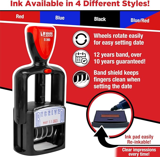 Self-Inking Rubber Date Office Stamp with Received Phrase - Red Ink - 12-Year Band