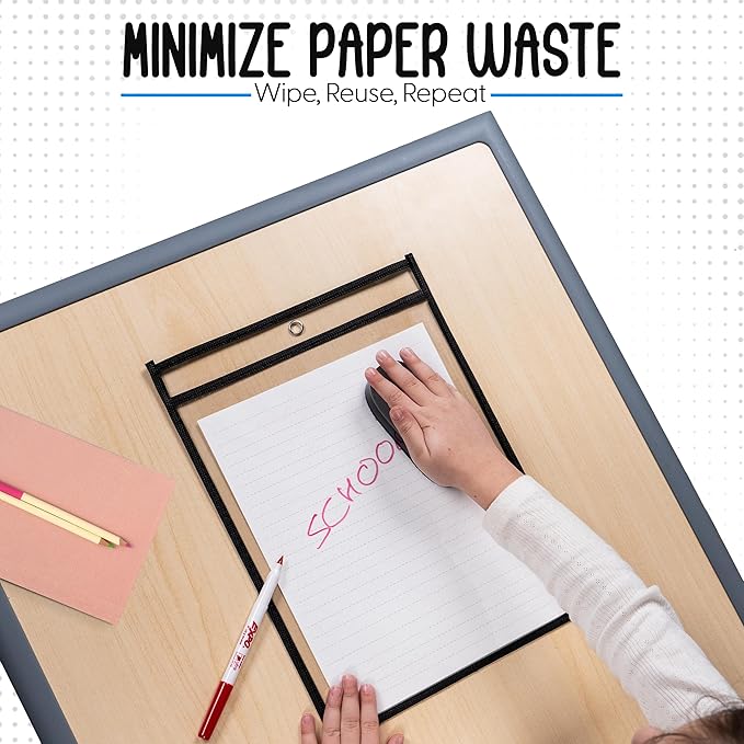 30 Pack, Black, Dry Erase Pocket Document Protectors, 10" Wide x 13.5" Tall - Dry Erase Clear Plastic Sleeves - Reusable & Easy Erase Plastic Invoice Holders, Water-Resistant & Durable