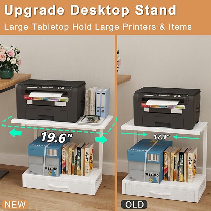 2-Tier Desktop Printer Stand with Fabric Drawer, Prtiner Table with Storage Shelf, Desk Organizer for Home Office,3D Printer,Fax Machine,Scanner, 19.6"x14.9" White