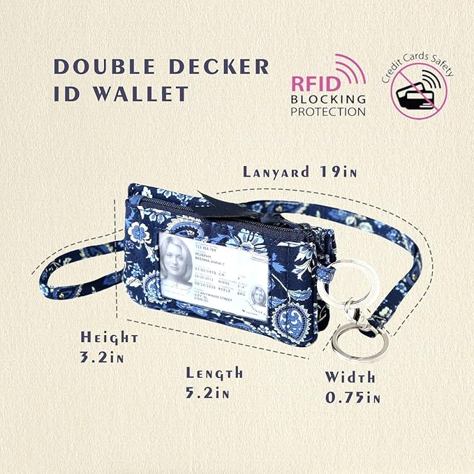 WONDERFUL FLOWER Card Holder, RFID Blocking, ID Holder with Lanyard for Women, Dual Pockets, Badge Holder, Lanyard Wallet, Fabric Keychain ID Pouch, Blue Paisley