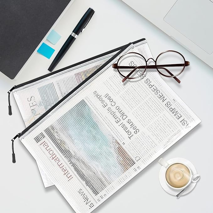 24pcs Mesh Zipper Pouches, A3 Size Waterproof Black Zipper Bags, Water-Resistant Plastic Zipper Pouch for School Office Supplies, Puzzles & Games Organizing Storage