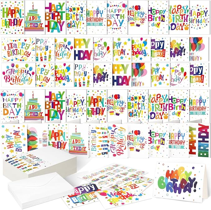 200 Set Unique Happy Birthday Card Bulk with Envelope and Sticker Blank Greeting Card Large 5 x 7 Inch Suitable for Office Kids Women Men, 20 Styles(Colorful Words)